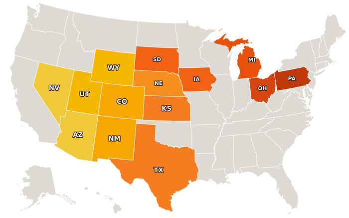 Map of the 14 states where Hometown Insurance offers home and auto quotes